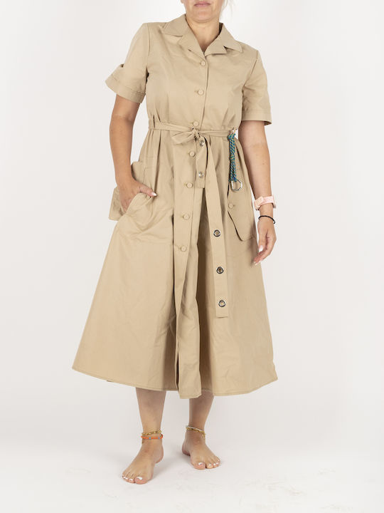 Sommer Midi Hemdkleid Kurzärmelig Beige