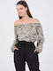 Sushi's Closet Women's Summer Blouse Off-Shoulder Long Sleeve Animal Print Multicolour