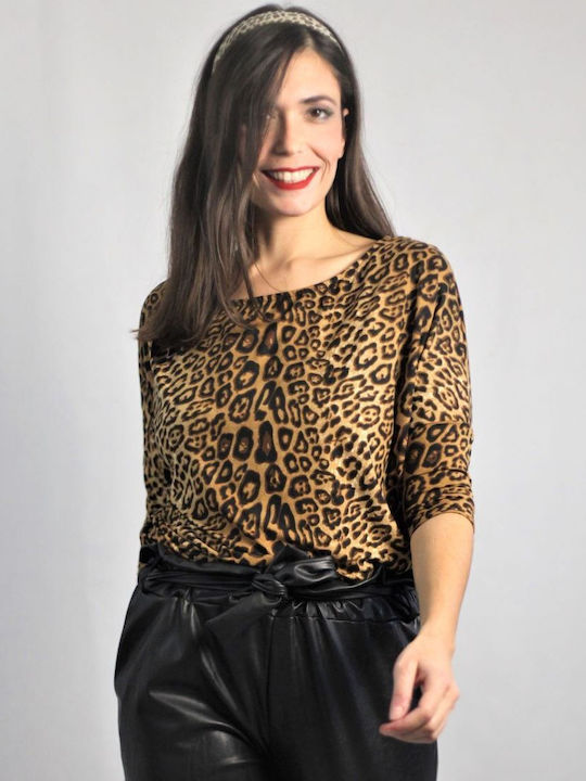 Sushi's Closet Women's Summer Blouse with 3/4 Sleeve & Boat Neckline Animal Print Multicolour