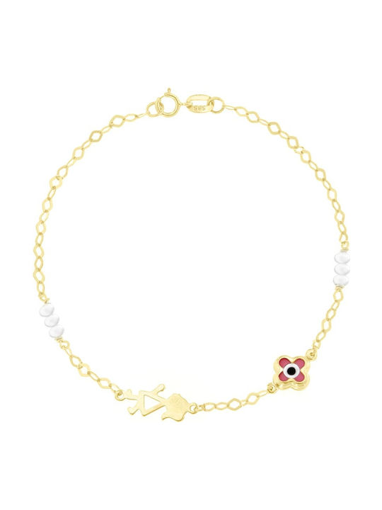 Eforo Kids Bracelet Chain from Gold 14K with Figure, Evil Eye & Stones