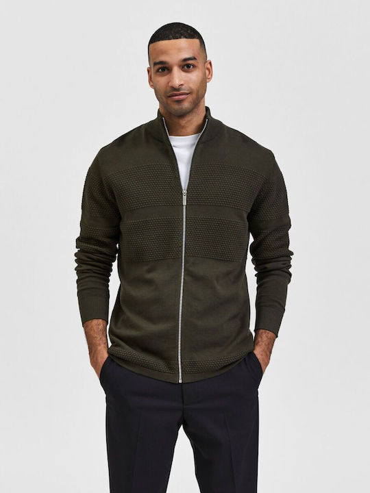 Selected Men's Knitted Cardigan with Zipper Khaki