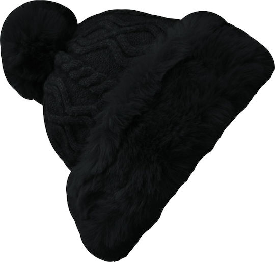 Pom Pom Beanie Γυναικείος Fleece Σκούφος με Πλεξούδες σε Μαύρο χρώμα