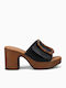 Leather Mules with Chunky High Heel in Black Color