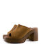 Mules with Chunky High Heel in Tabac Brown Color