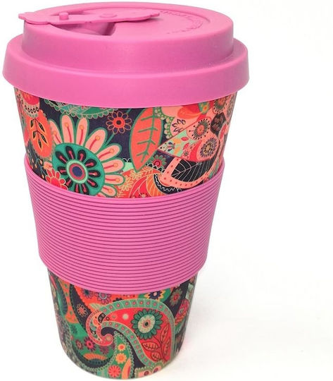 Cup Cană Bambus cu Capac Roz 400ml