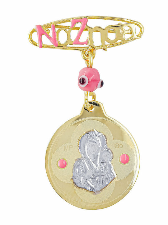 Kiriakos Gofas Child Safety Pin made of Gold and White Gold 9K with Icon of the Virgin Mary for Girl