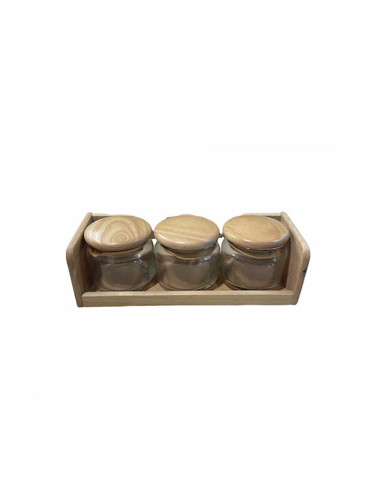 Lampiris Interiors Set 3 Stück Lebensmittelgläser für Tee mit Deckel und Gestell Hölzernes Transparent 34x13x10cm 3Stück