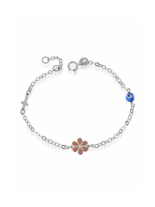 Paraxenies Kids Bracelet Chain from White Gold 14K with Flower, Evil Eye & Σταυρό