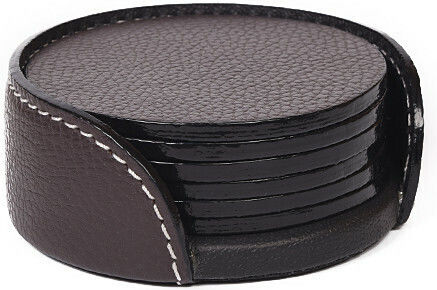 BagCity Round PU Brown Coasters with Stand 6pcs