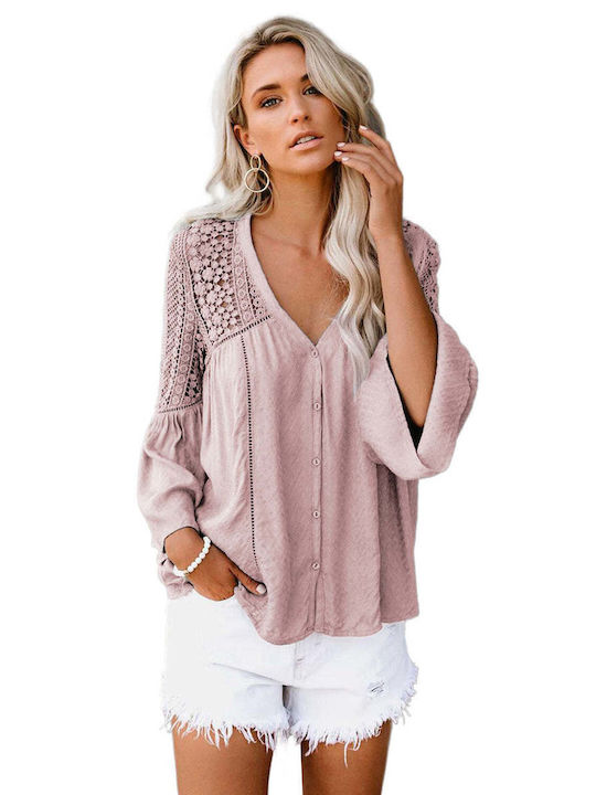 Amely Damen Sommerliche Bluse Langärmelig Blumen Rosa