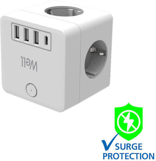 Well Bandă de alimentare 4 Prize cu 3 USB-A, 1 USB-C și Comutator