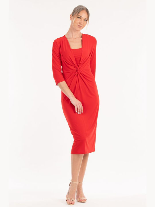 BelleFille Midi Dress 3/4 Sleeve Red
