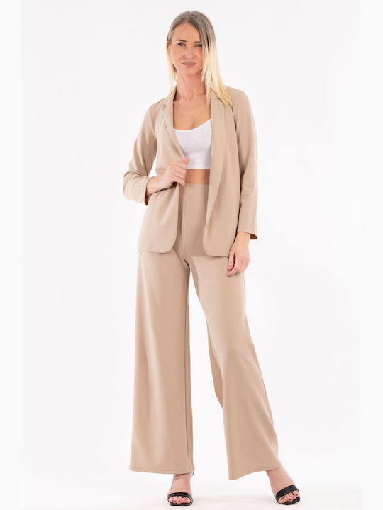 BelleFille Damen Hochtailliert Stoff Palazzo-Hose Beige