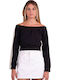 Damen Crop Top Schulterfrei Baumwoll Langärmelig Schwarze