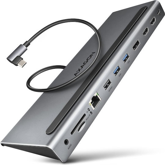 Axagon USB-C Docking Station mit HDMI/DisplayPort 4K PD Ethernet und Verbindung 3 Monitore Gray (HMC-4KX3)