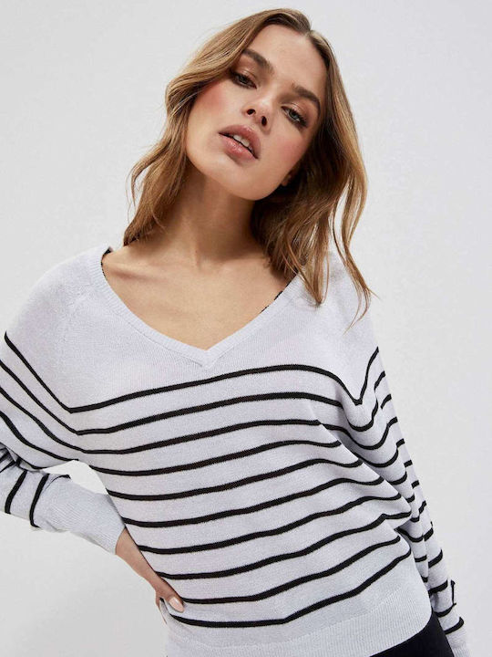 Make your image Women's Long Sleeve Sweater with V Neckline Striped Gray