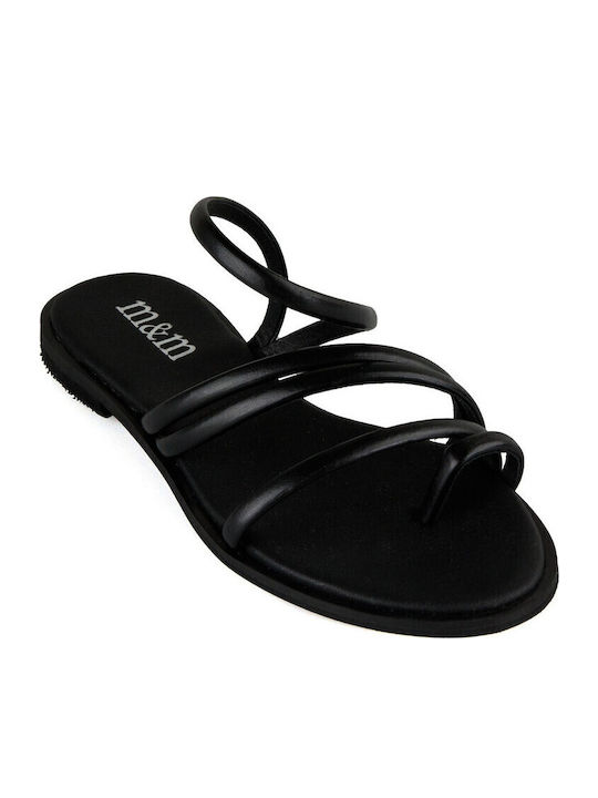 Leather Women's Flat Sandals with Strap in Black Color