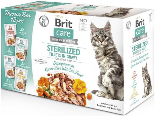 Brit Sterilized Fillets in Gravy Wet Food for Adult Cats in Pouch with Turkey Rabbit Duck Salmon and Tuna Grain Free & Gluten Free 12x85gr
