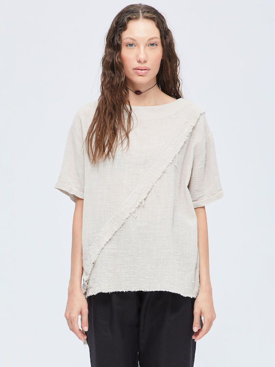 Women's Summer Blouse Cotton Short Sleeve Beige