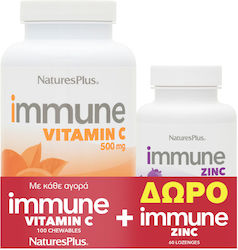 Nature's Plus Vitamin C Immune Vitamin C 500mg 100 chewable tablets & Immune Zinc 60 lozenges for Energy & Immune System Boost