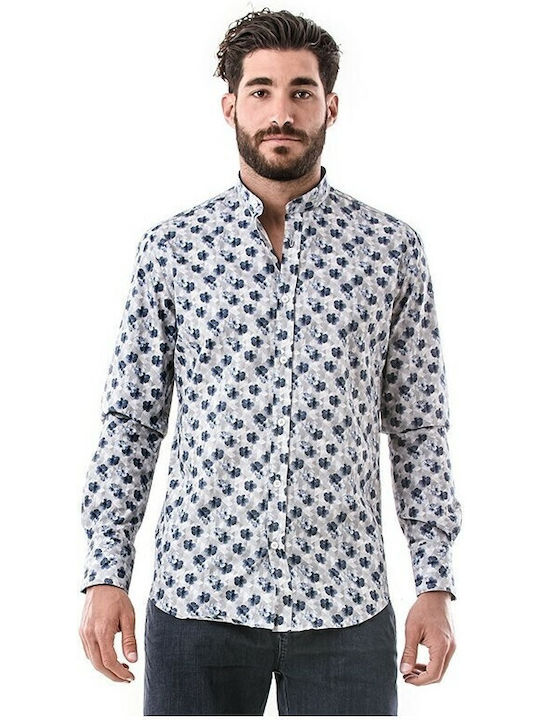 Long-sleeved Linen Shirt Floral Light Blue