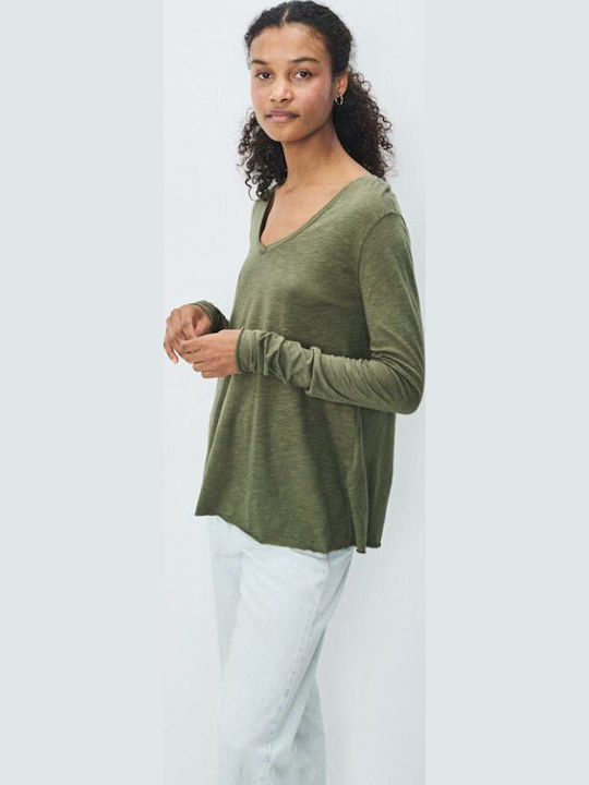 Women's Long Sleeve Sweater Woolen with V Neckline Green