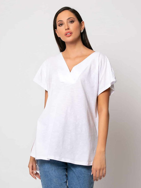 Noobass Damen Sommerliche Bluse Kurzärmelig mit V-Ausschnitt Weiß