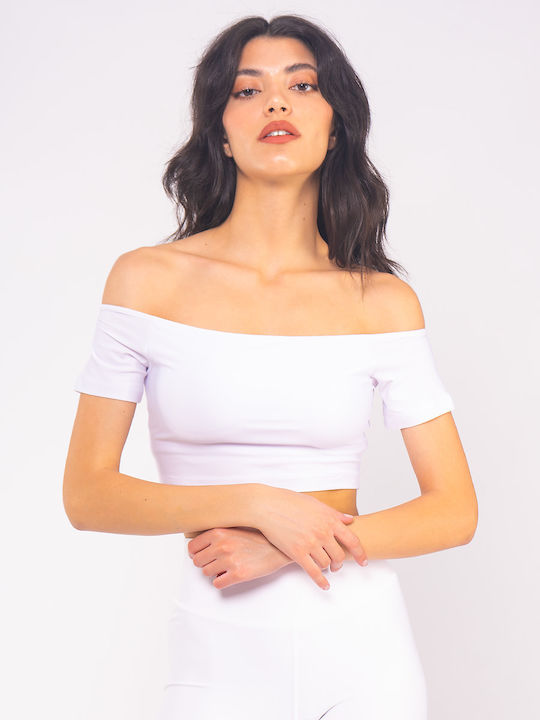 The Lady Women's Summer Crop Top Satin Short Sleeve with Boat Neckline White