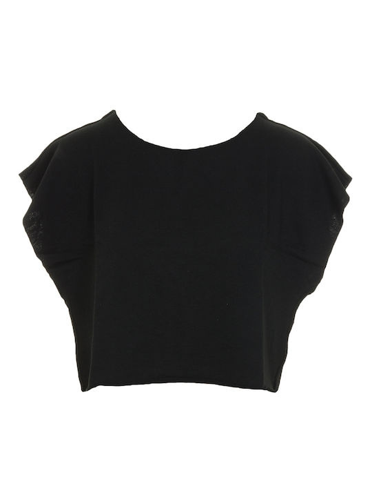 Collectiva Noir ADELINA pentru Femei de Vară Crop Top cu Mâneci Scurte Negru