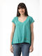 Simple Fashion Women's Summer Blouse Cotton Short Sleeve with V Neckline Green