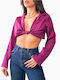 Chica Women's Crop Top Satin Long Sleeve with V Neckline Pink