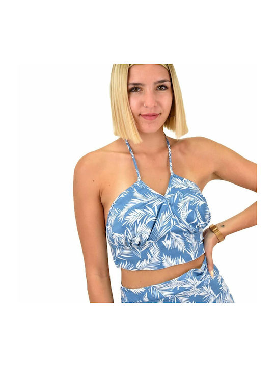 First Woman Damen Sommerliches Crop Top Ärmellos Blumen Blau