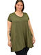 First Woman Damen Sommer Bluse Kurzärmelig mit V-Ausschnitt Khaki