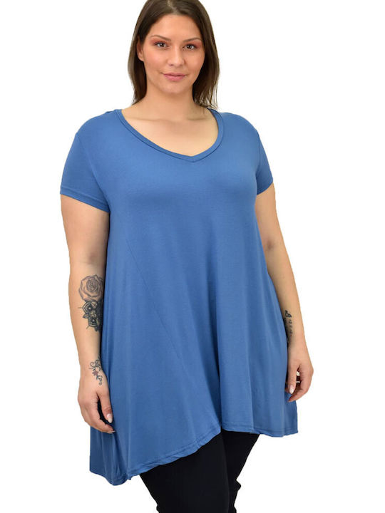First Woman Damen Sommer Bluse Kurzärmelig mit V-Ausschnitt Blau