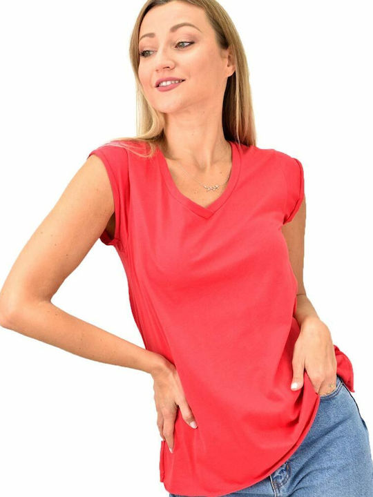 First Woman Women's Summer Crop Top Cotton Short Sleeve with V Neckline Red