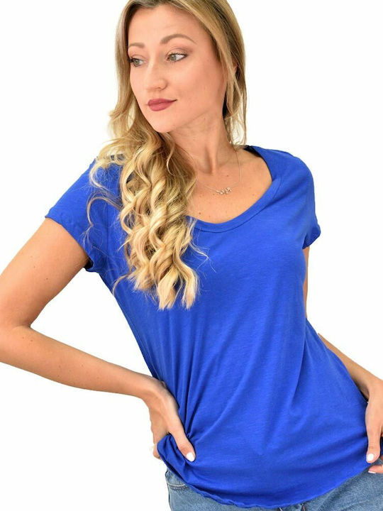 First Woman Women's T-shirt with V Neckline Blue