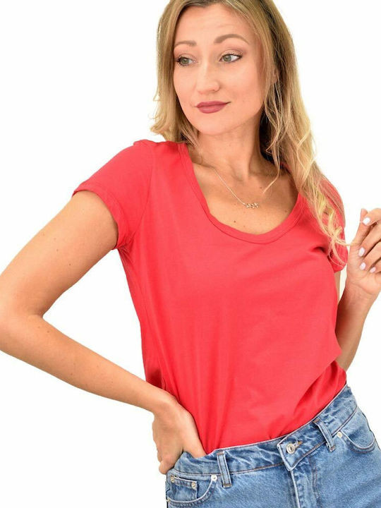 First Woman Women's Summer Blouse Cotton Short Sleeve with V Neck Red