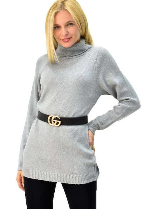 First Woman Women's Long Sleeve Sweater Woolen Turtleneck Gray