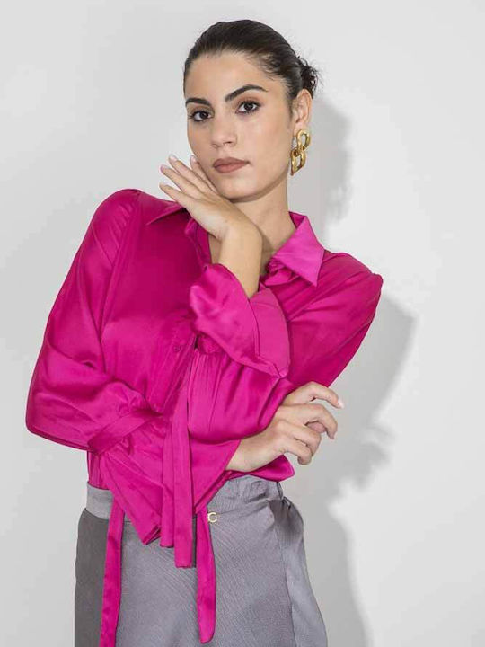 Cento Fashion Women's Satin Monochrome Long Sleeve Shirt Fuchsia