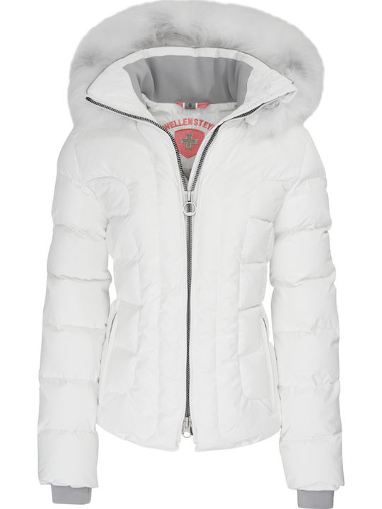 BVDS Kurz Damen Puffer Jacke mit pelziger Kapuze für Winter Weiß
