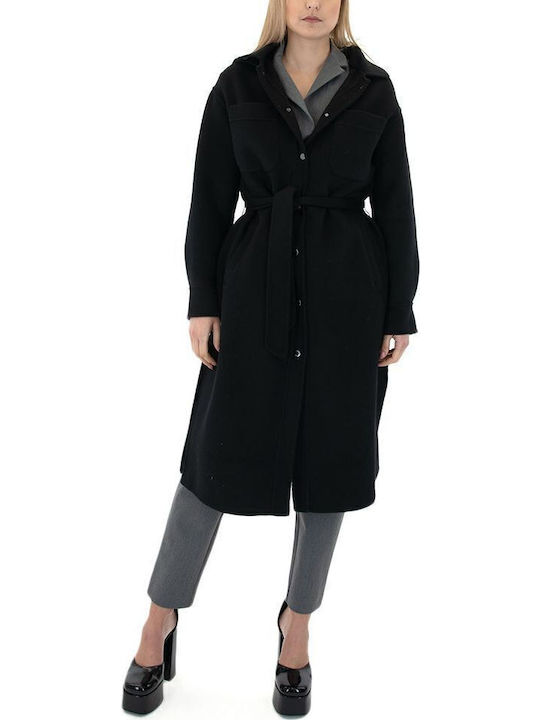 Μάλλινο Γυναικείο Μαύρο Overshirt με Κουκούλα