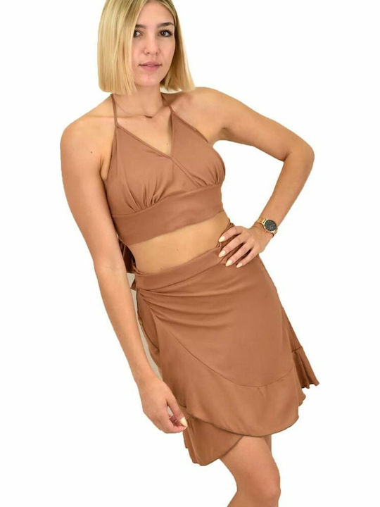 Potre Σετ με Ψηλόμεση Mini Φούστα Καφέ