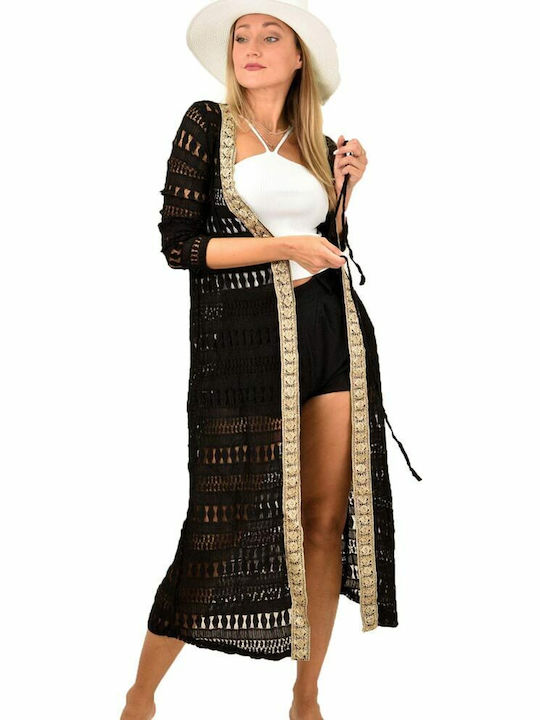 Potre Feminin Lung Kimono de Plajă Negru