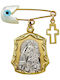 Roloi Kaliamanis Child Safety Pin made of Gold and White Gold 14K with Cross and Icon of the Virgin Mary