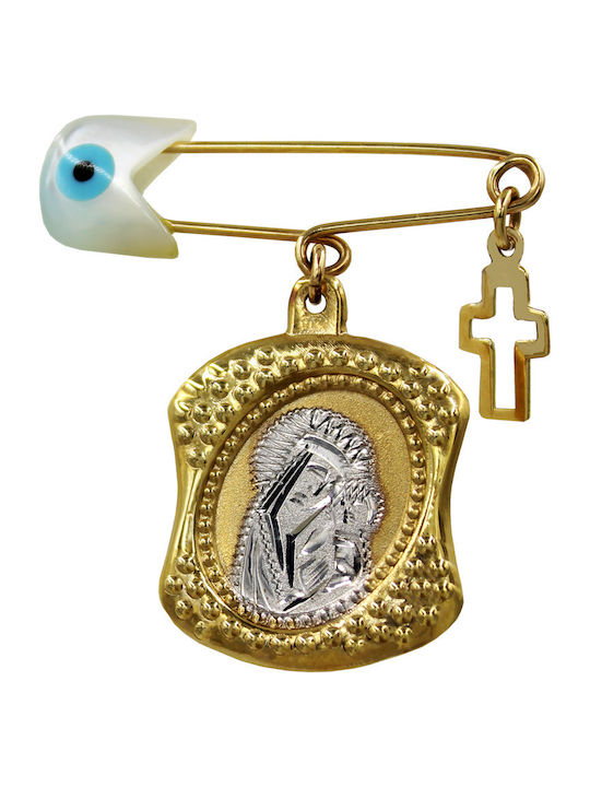 Roloi Kaliamanis Child Safety Pin made of Gold and White Gold 14K with Cross and Icon of the Virgin Mary