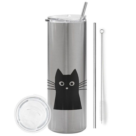 Koupakoupa cat Eco friendly Glass Thermos Stainless Steel BPA Free 600ml Black with Straw