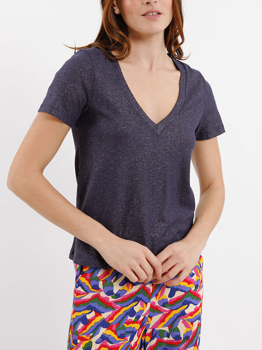 Cuca Women's Summer Blouse Cotton Short Sleeve with V Neckline Blue