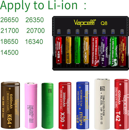 Vapcell Q8 Charger 8 Batteries Li-ion Size 18650/16340/14500