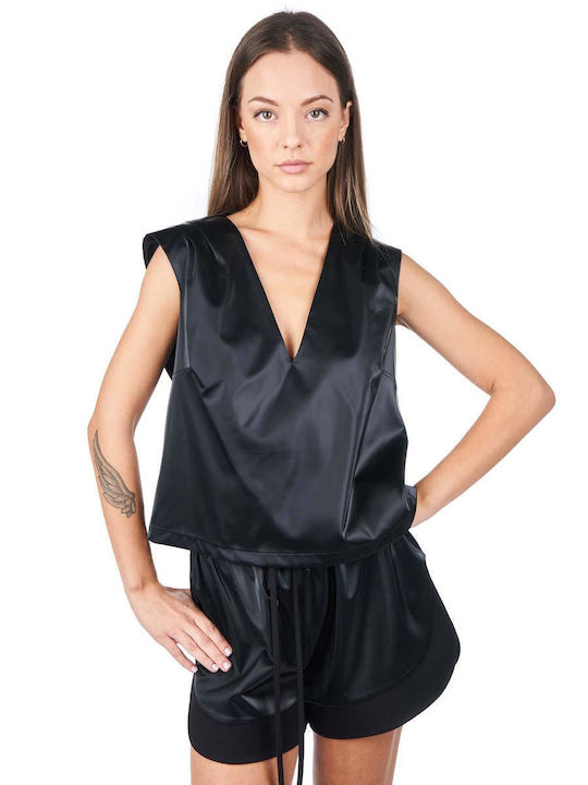 Women's Blouse Leather Sleeveless with V Neckline Black