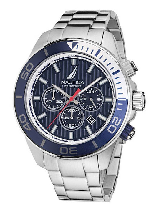 Nautica Herrenuhr 48mm Chronograph Batterie mit Silber Metallarmband